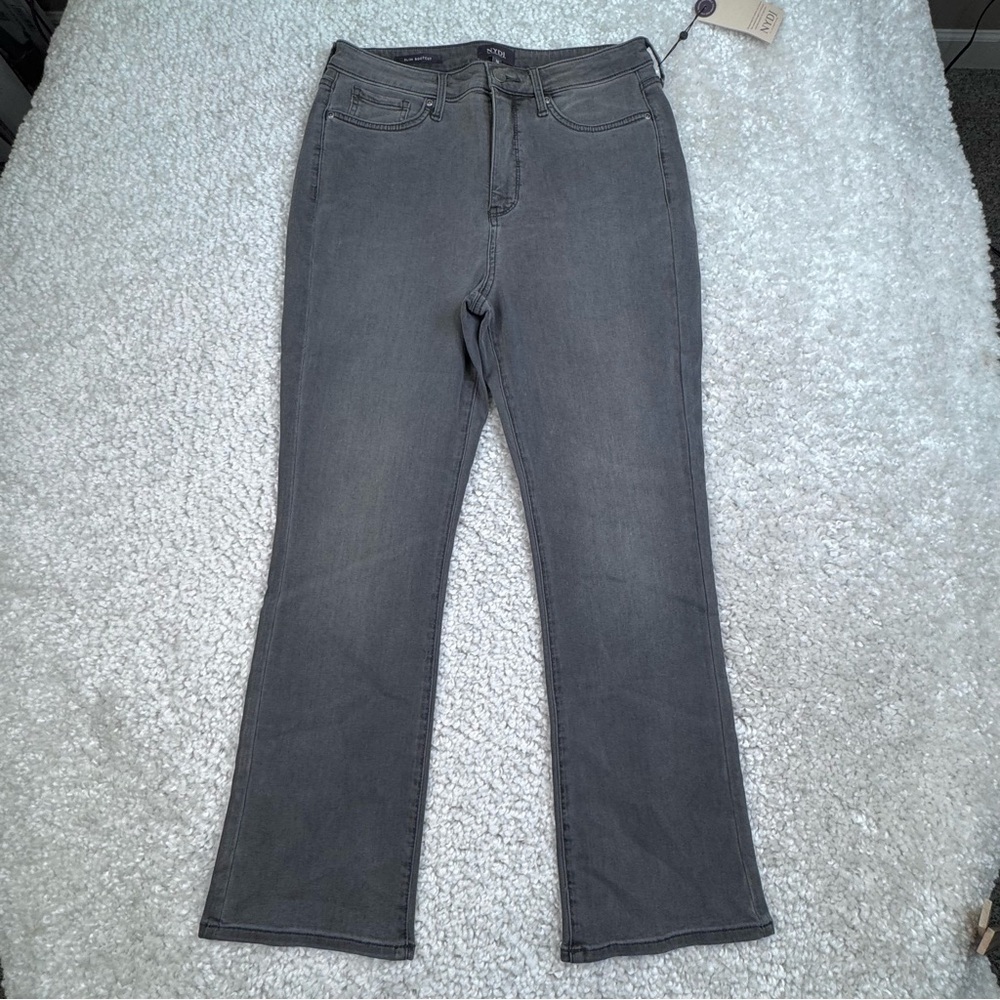 NYDJ High Rise Slim Bootcut Slim Bootcut Ankle Jeans. Gray Stretchy Zip Fly. 10